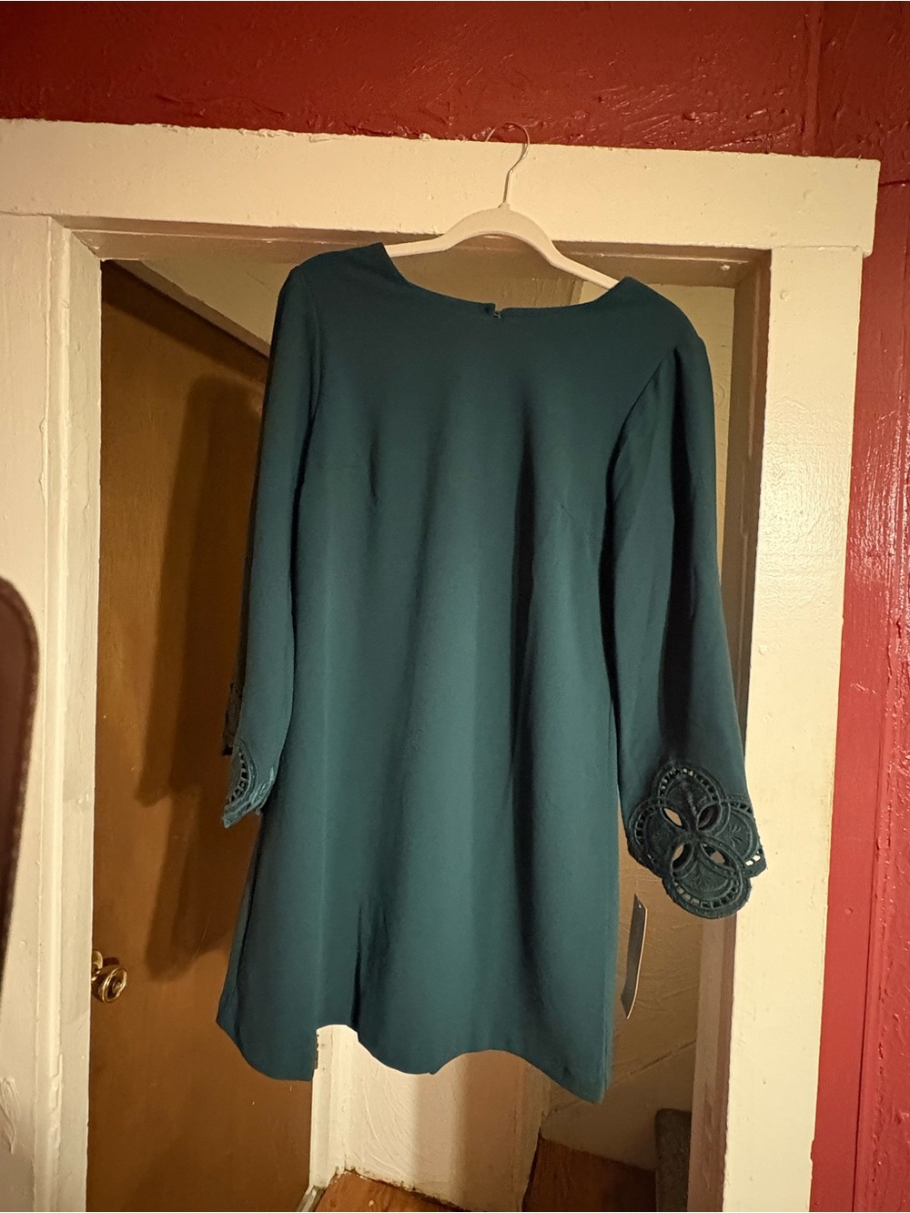 Long Sleeve  Eden Green Shift Dress with Crochet Cuff Detail
